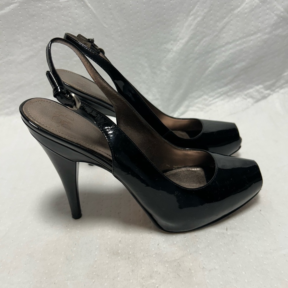 Joan & David heels,  Peep Toe Slingback, platform Heels, black patent